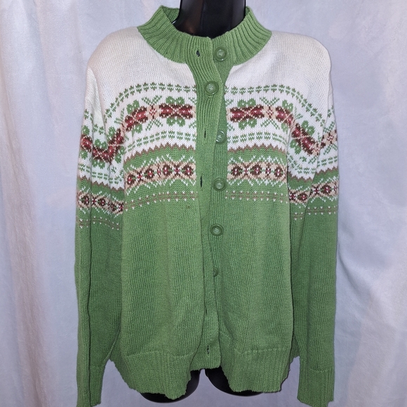 Green and White Fair Isle Cardigan Sweater - Picture 1 of 5